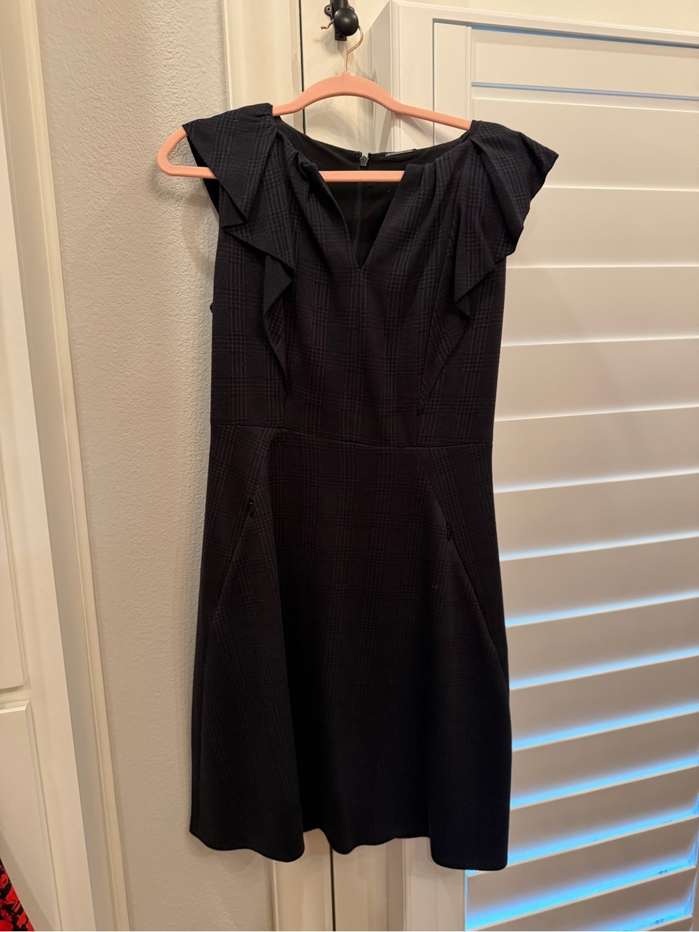 Elie Tahari Womens Black/grey checkered Ruffle-Sleeve Fit & Flare Dres. Size 4